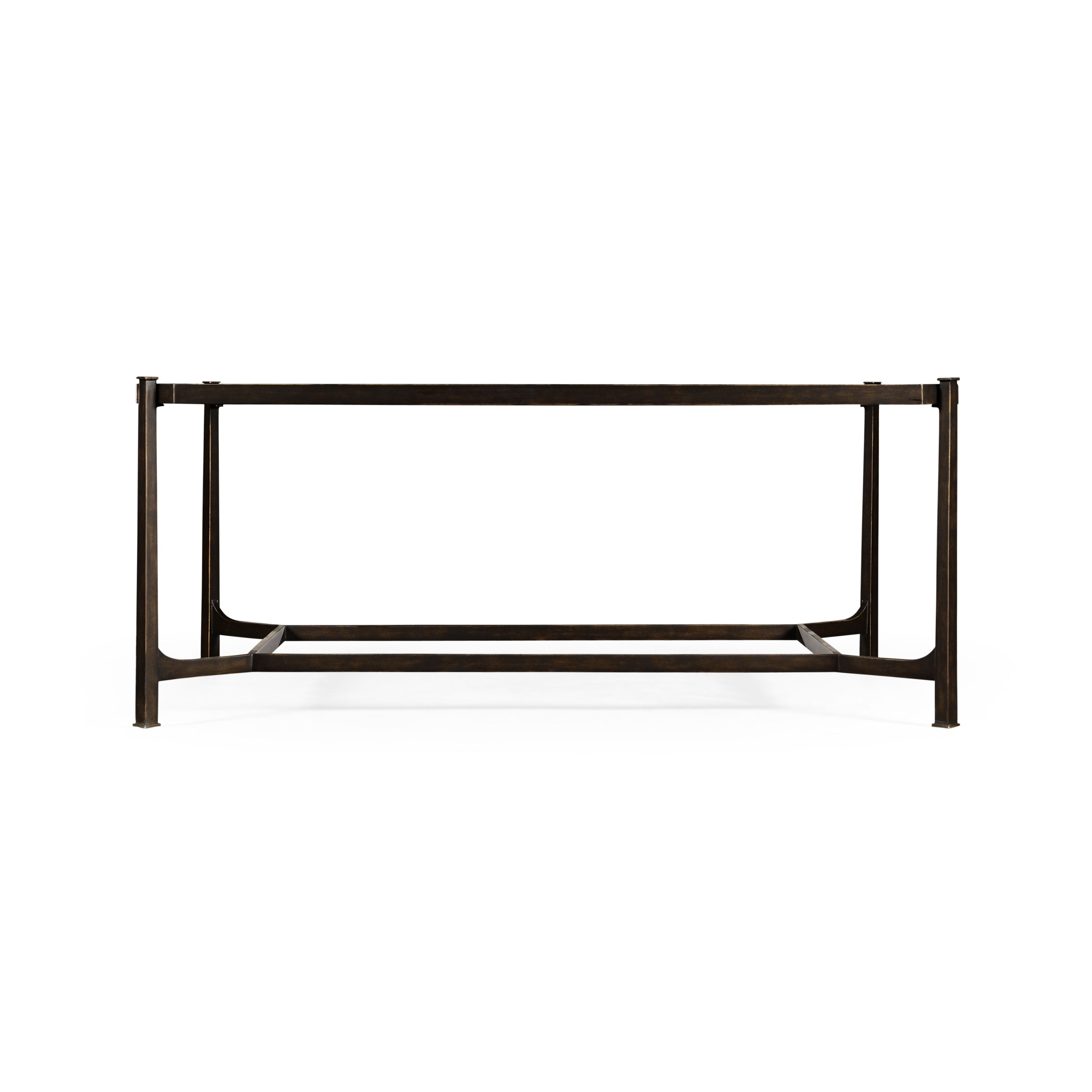 Rear view of distressed bronze coffee table base showing symmetrical square legs and diagonal support bars