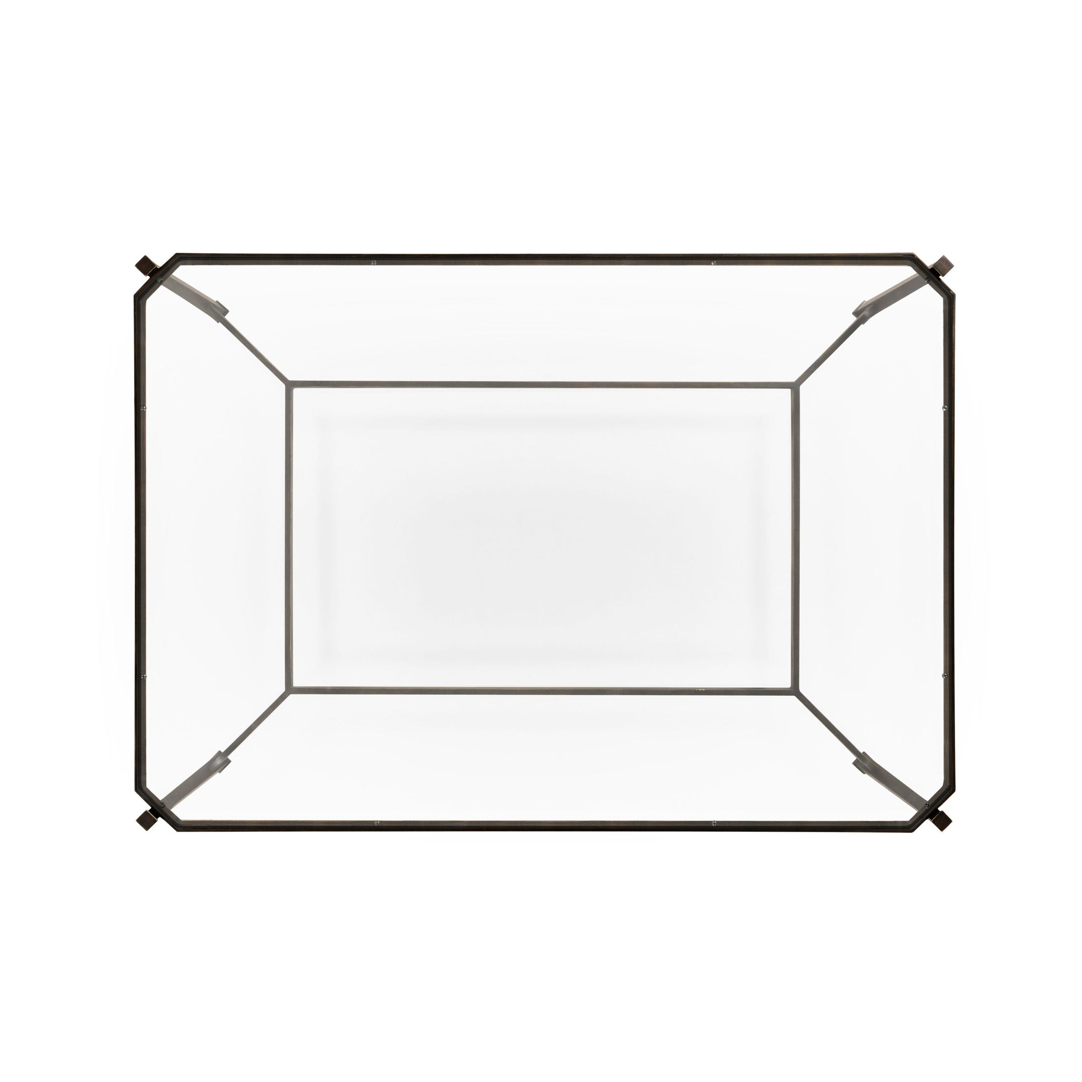 Top-down view of rectangular bronze wrought iron coffee table with inset glass top and beveled corner joints