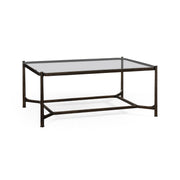 Front three-quarter angle of contemporary bronze metal coffee table with square legs and lower cross-bracing