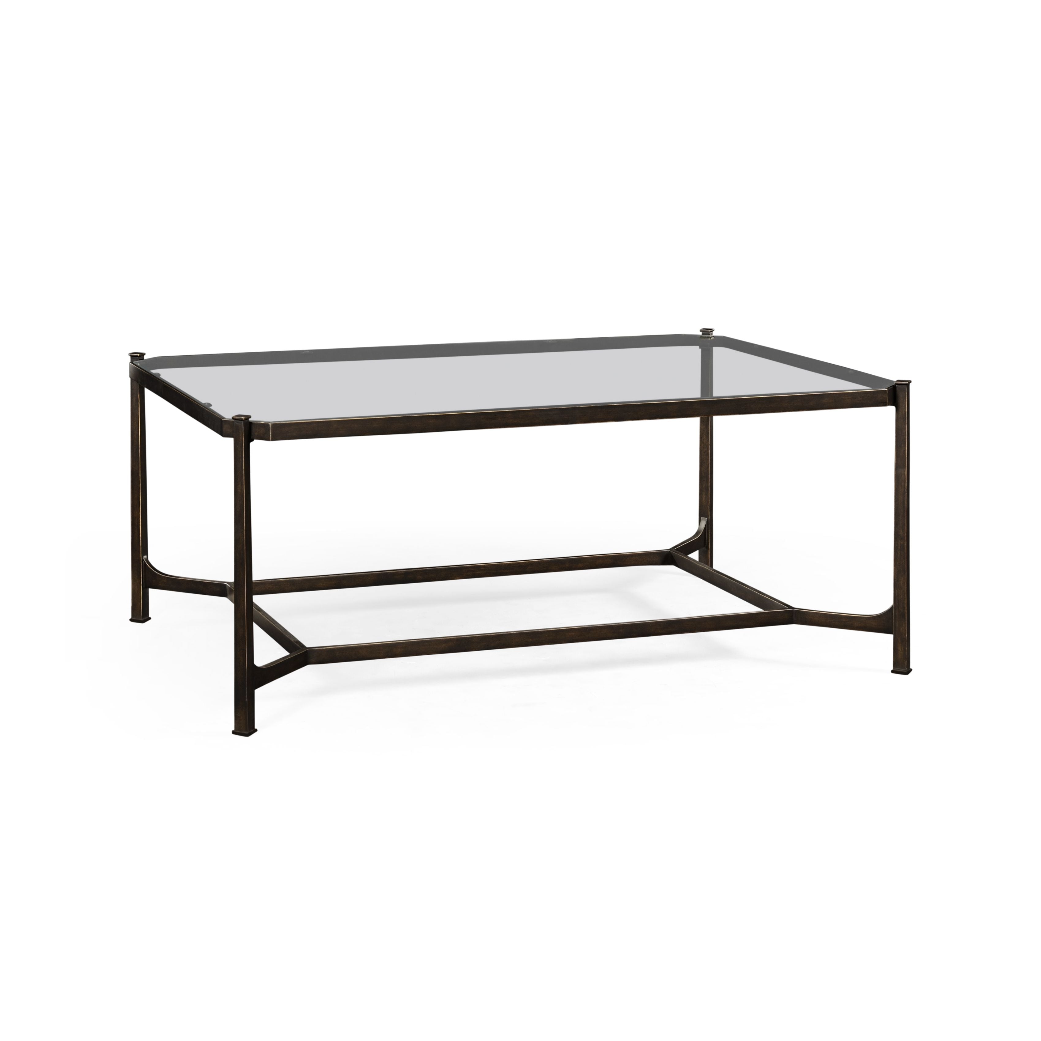 Front three-quarter angle of contemporary bronze metal coffee table with square legs and lower cross-bracing
