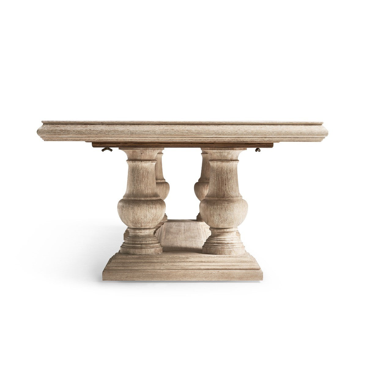 Rear view of pedestal base construction and hidden extension hardware on dining table
