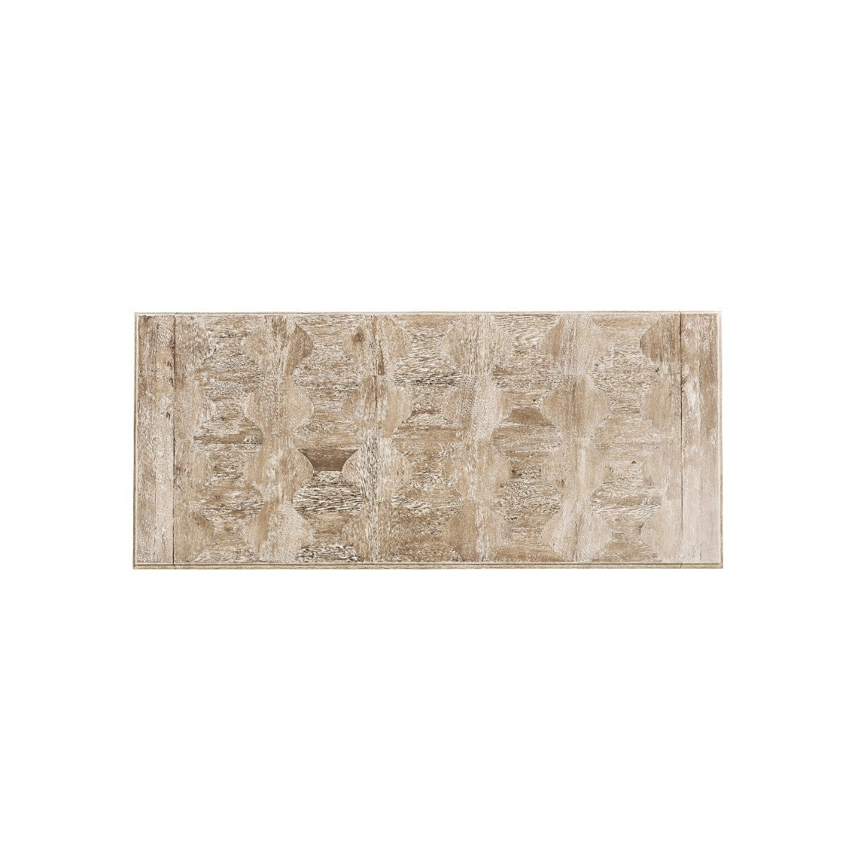 Close-up of distressed limed acacia wood grain texture on dining table top