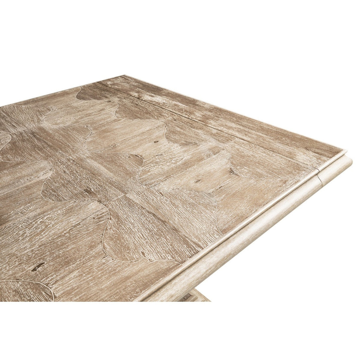 Beveled edge detail and extension joint on limed acacia refectory dining table corner