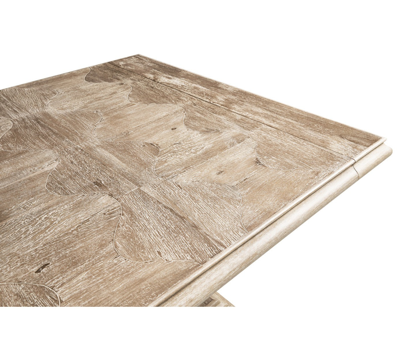 Beveled edge detail and extension joint on limed acacia refectory dining table corner