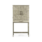 Jonathan Charles rustic grey drinks cabinet with parquetry doors and iron base