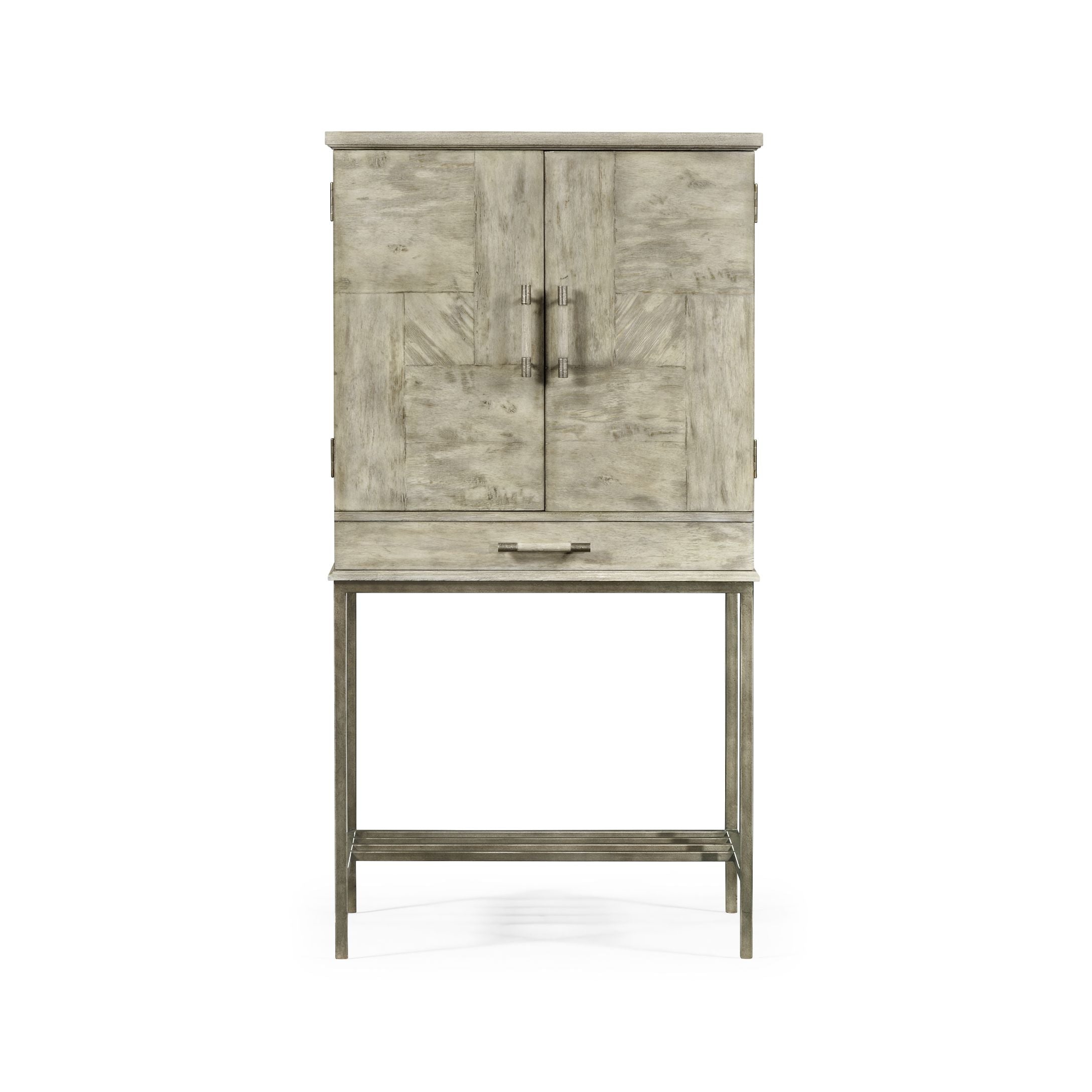 Jonathan Charles rustic grey drinks cabinet with parquetry doors and iron base