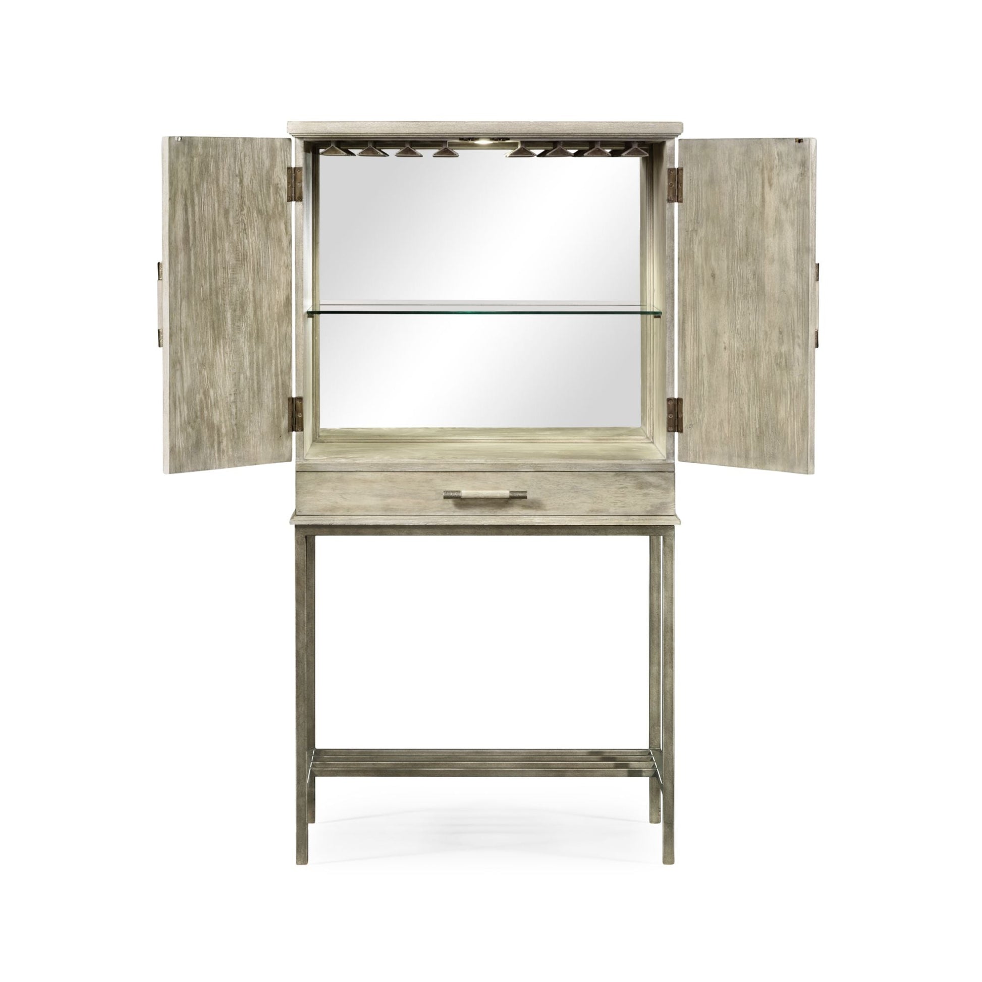 Open Jonathan Charles drinks cabinet showing mirrored interior, glass shelf, and wine hooks