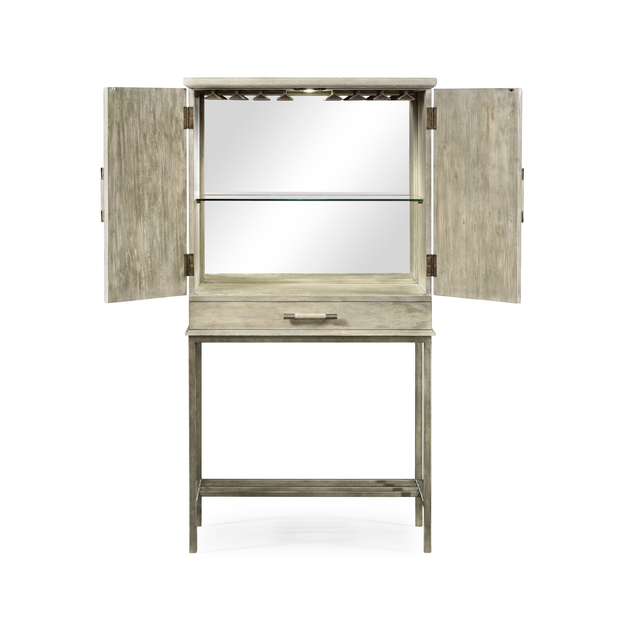 Open Jonathan Charles drinks cabinet showing mirrored interior, glass shelf, and wine hooks