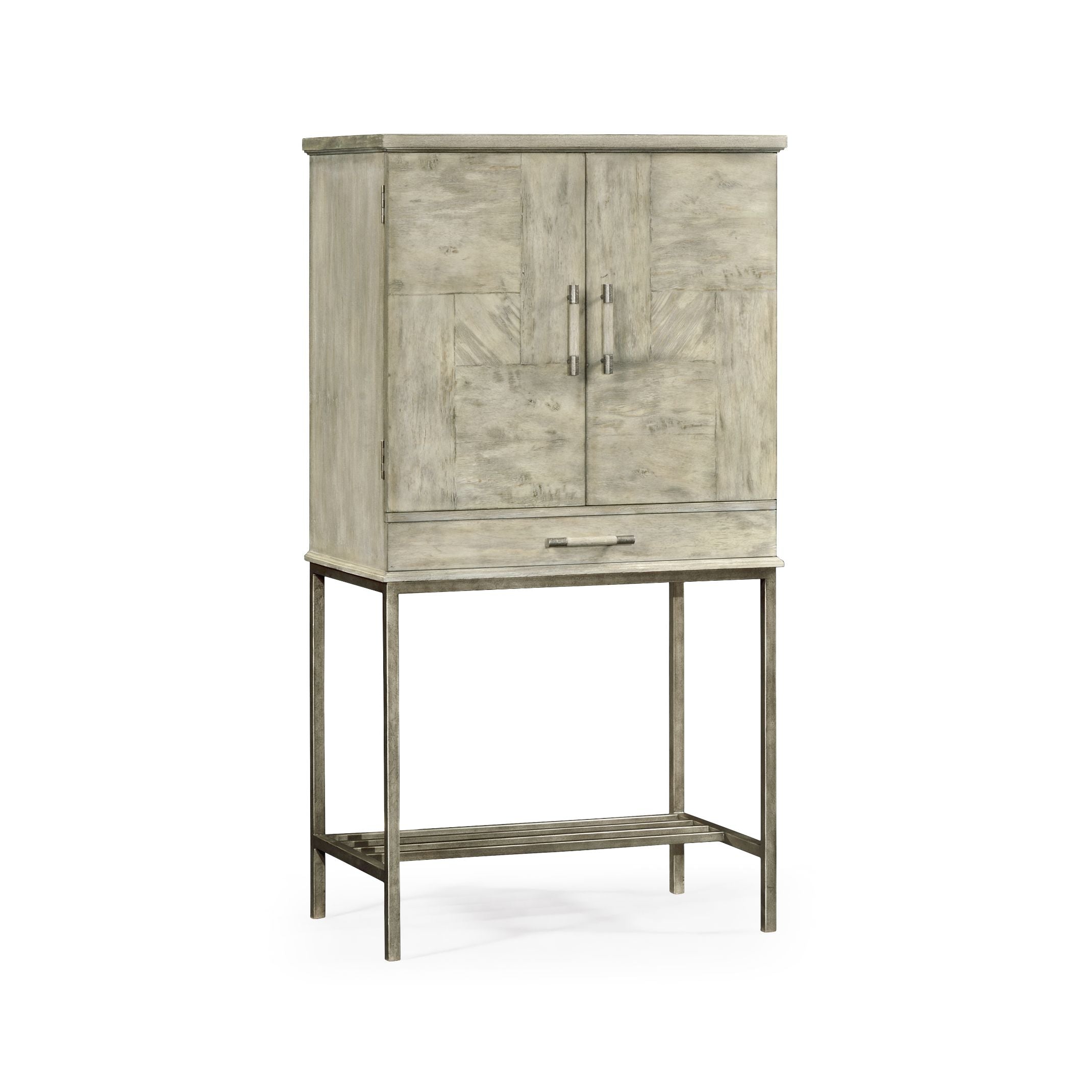 Side view of rustic grey acacia wood drinks cabinet on grey silver iron frame