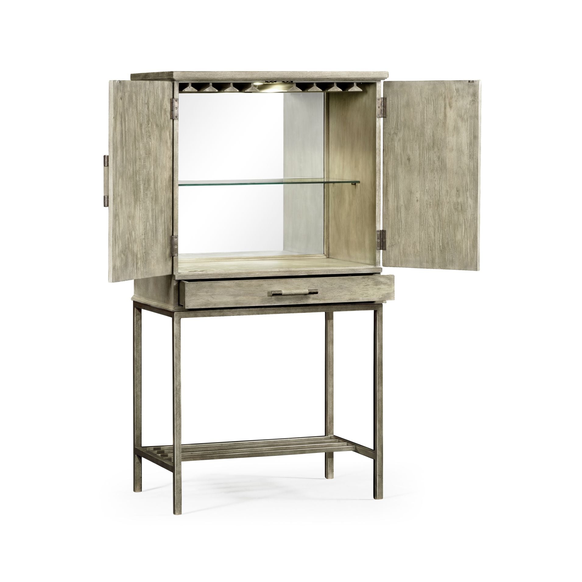 Angled view of open rustic grey drinks cabinet with integrated lighting and wine holders