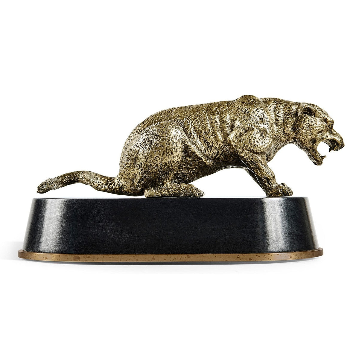 Full side view low lunge pose antique bronze cougar sculpture with extended tail on conical base
