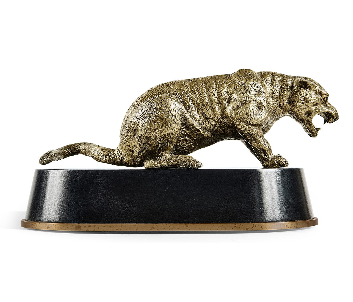 Full side view low lunge pose antique bronze cougar sculpture with extended tail on conical base