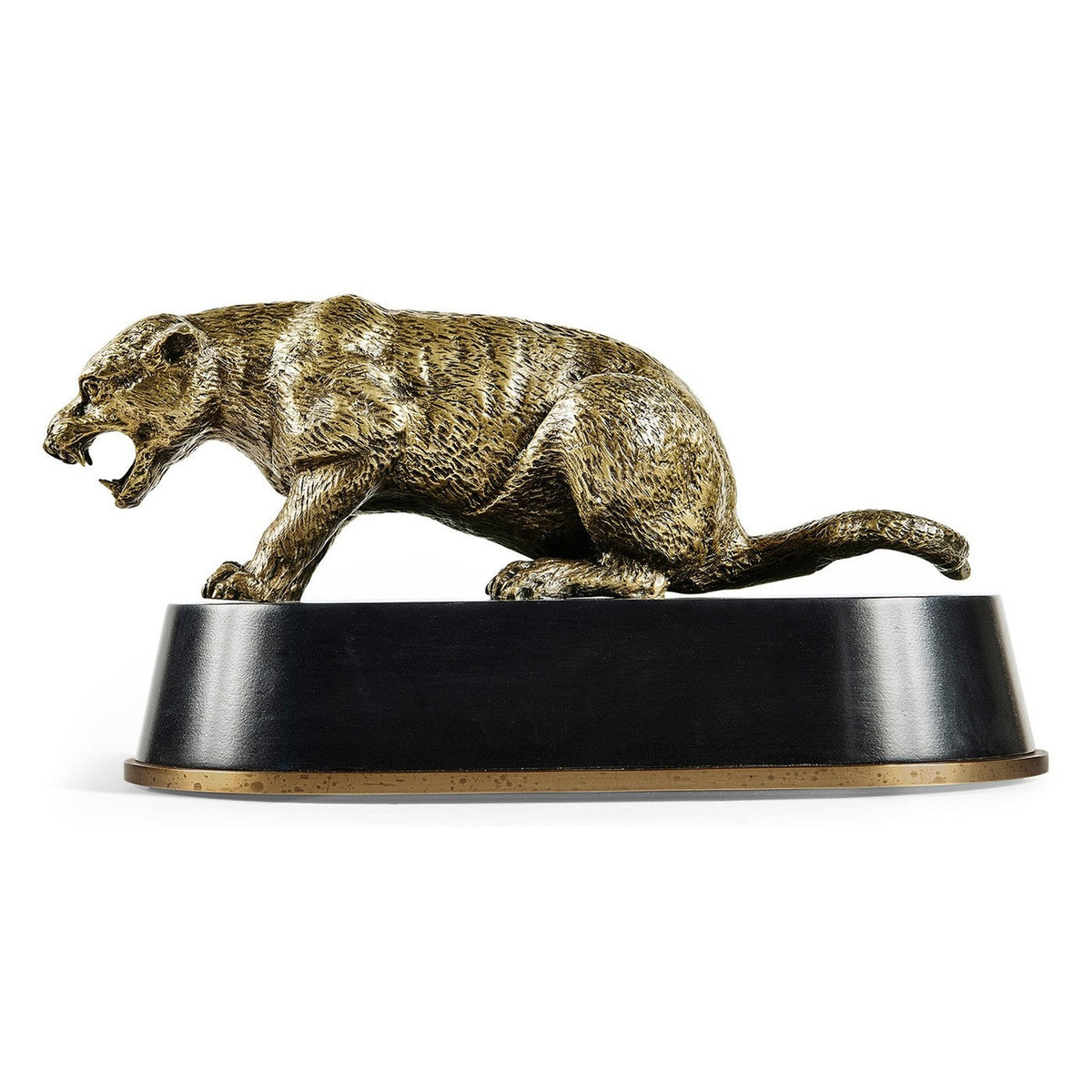 Antique bronze cougar sculpture side profile mid-stride with open mouth on black oval base