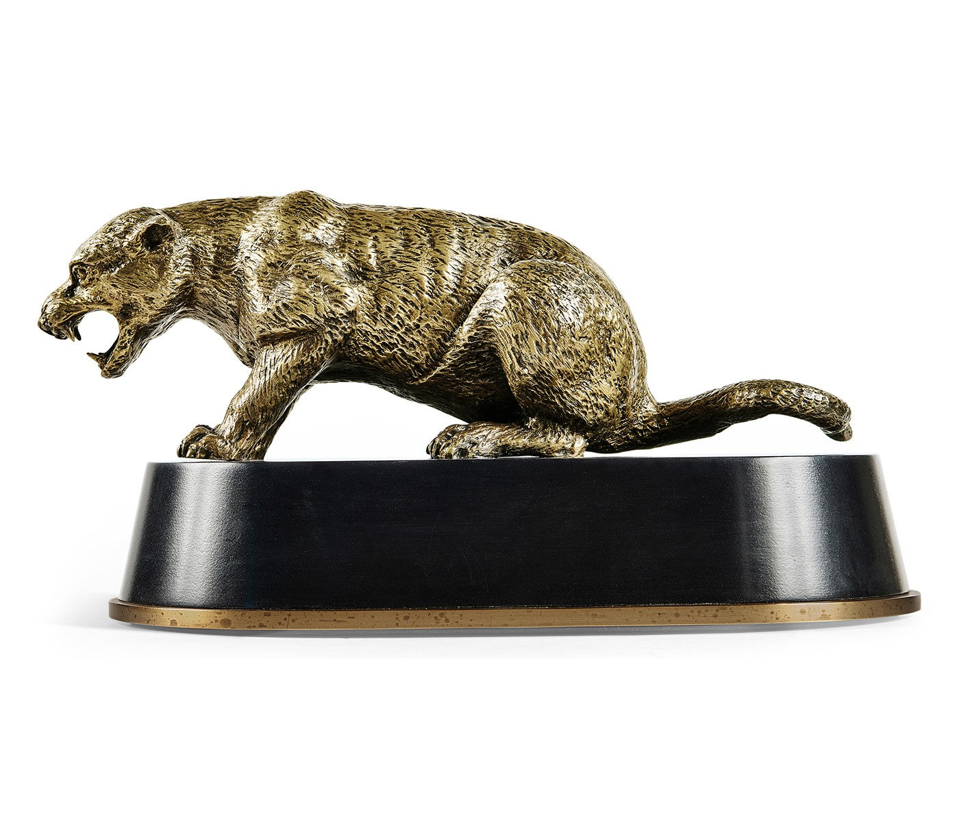 Antique bronze cougar sculpture side profile mid-stride with open mouth on black oval base
