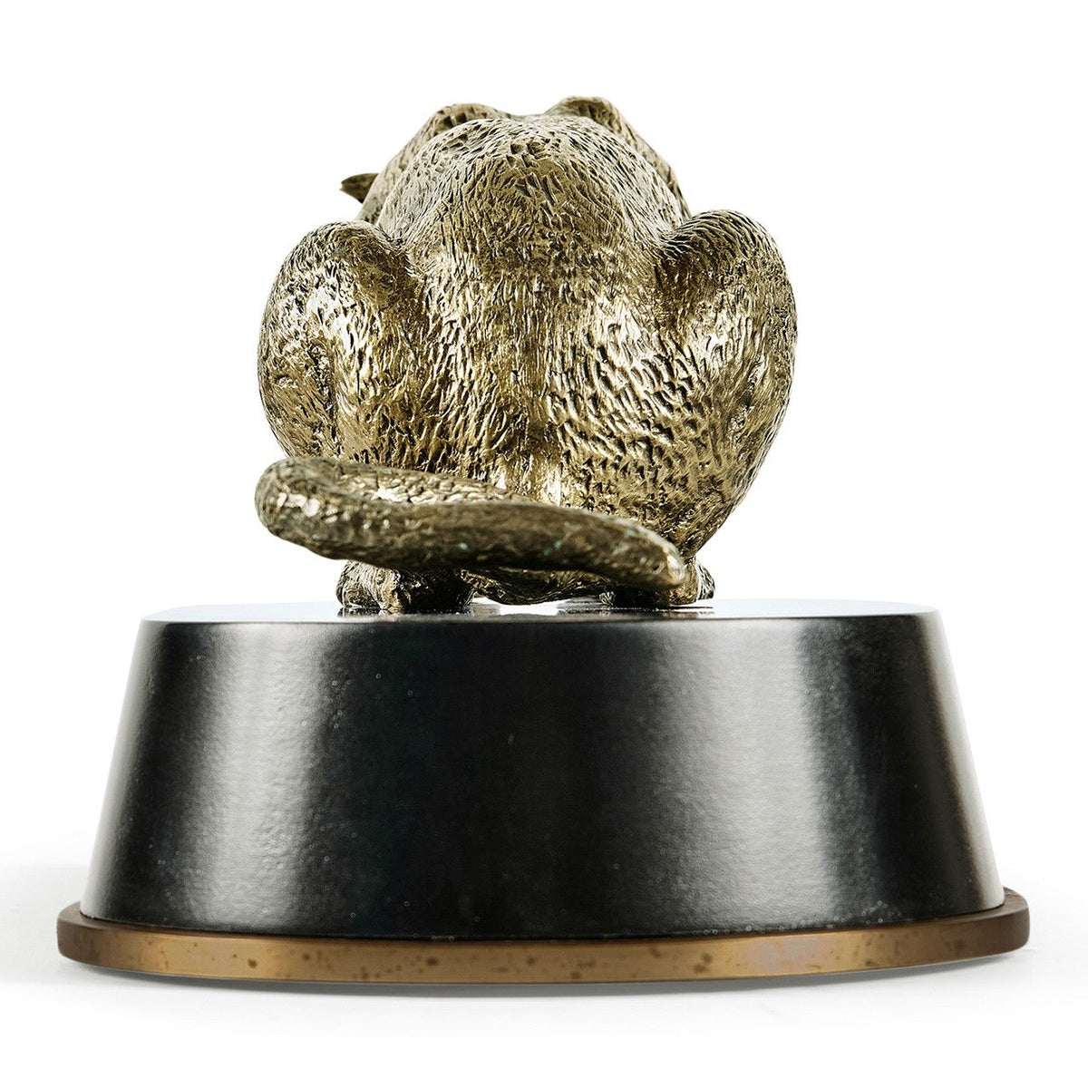 Rear view seated antique bronze cougar sculpture showing curled tail and weathered patina finish