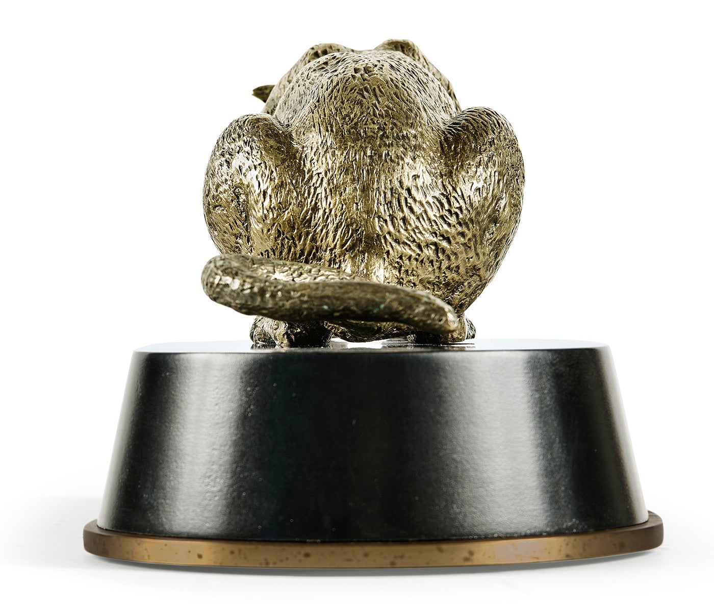 Rear view seated antique bronze cougar sculpture showing curled tail and weathered patina finish