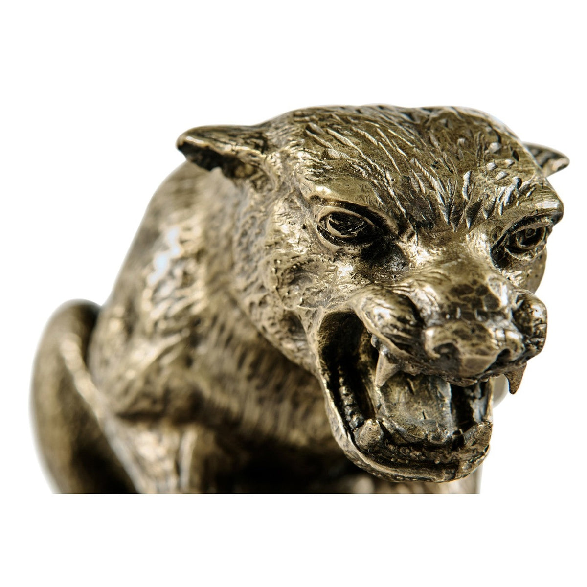 High-detail front-facing snarling cougar head with carved ridges and mixed bronze finish