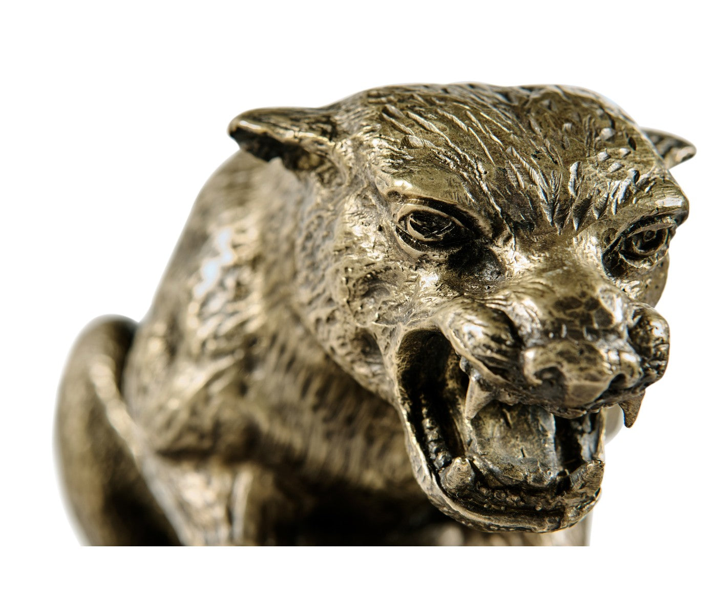 High-detail front-facing snarling cougar head with carved ridges and mixed bronze finish