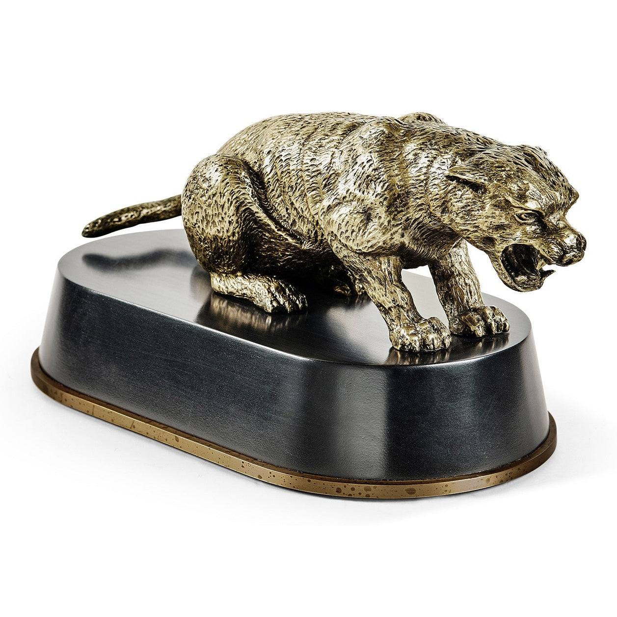 Front view antique bronze cougar crouched dynamically on brass-rimmed pedestal showing fangs