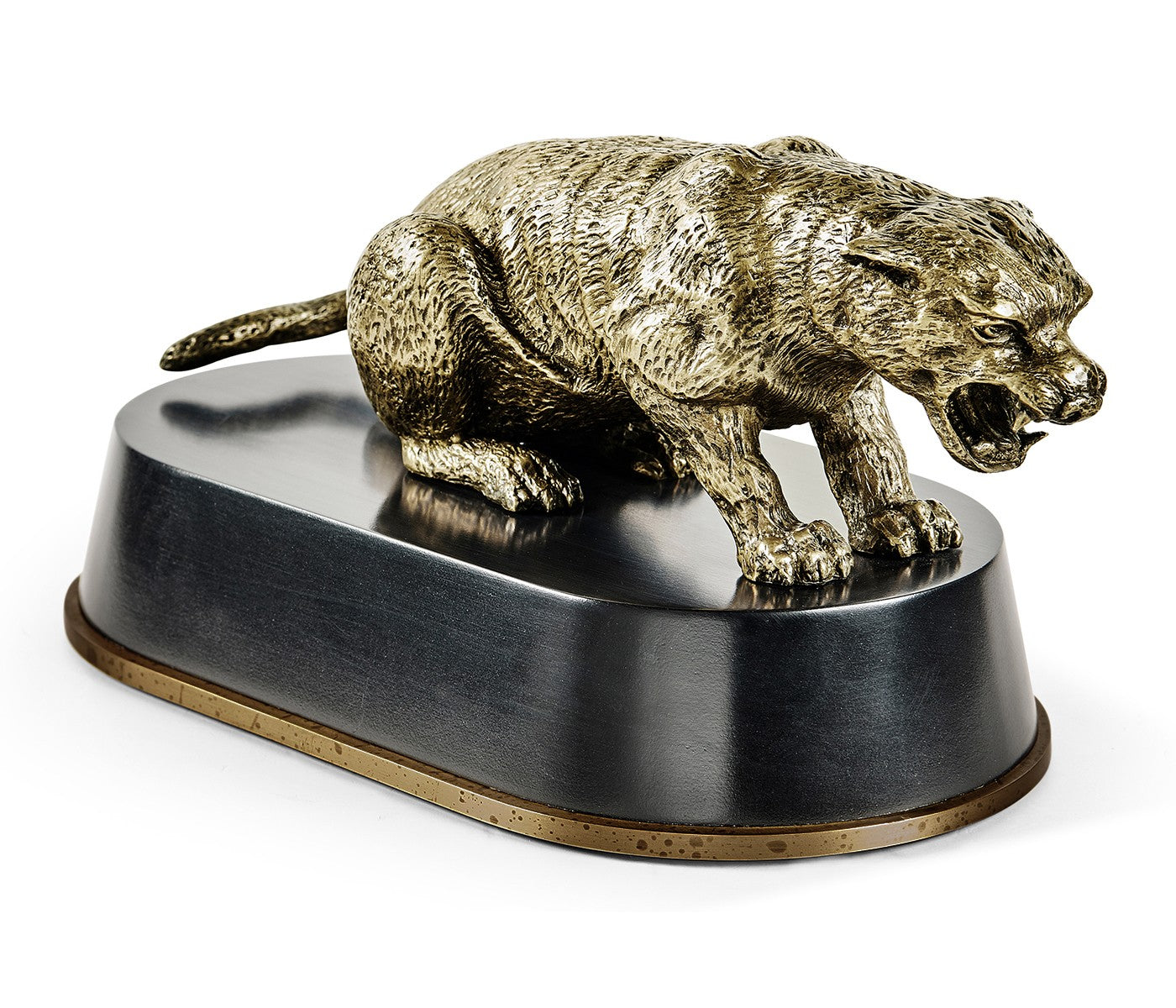 Front view antique bronze cougar crouched dynamically on brass-rimmed pedestal showing fangs