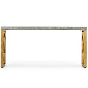Front view symmetrical modern console table cerused oak and brushed gold X-brace