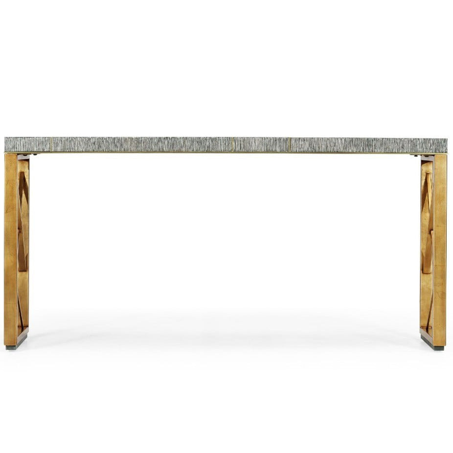 Front view symmetrical modern console table cerused oak and brushed gold X-brace