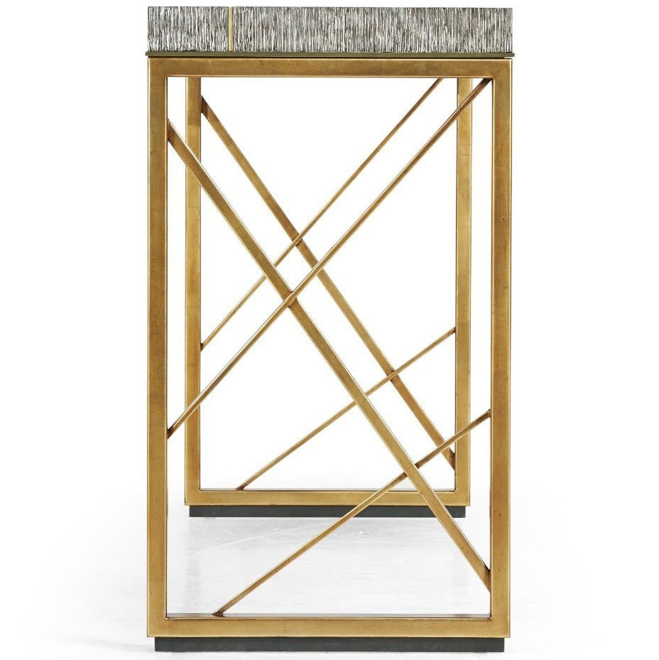 Side profile of gold lattice frame structure with black non-slip feet on console