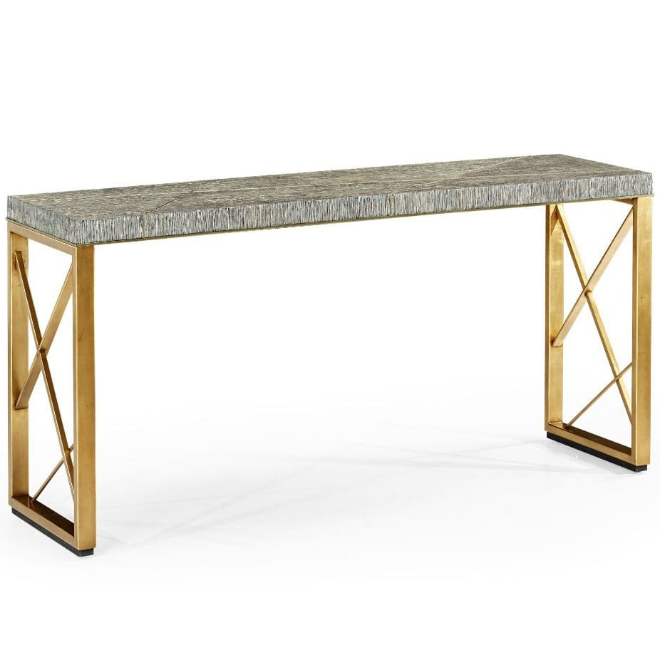 Jonathan Charles geometric console table dark French oak with gold inlay legs