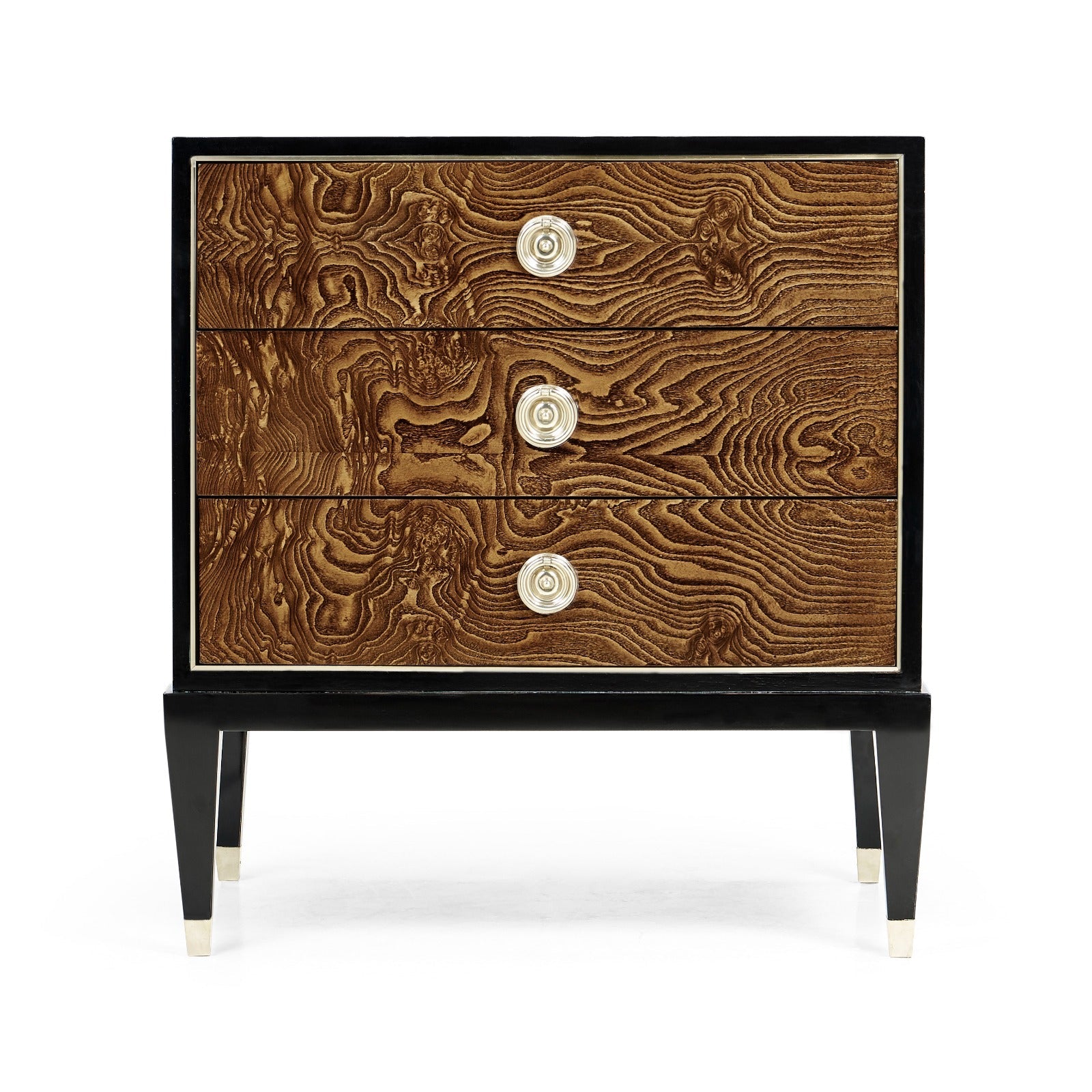 Jonathan Charles Madison Piano Black & Amber Ash Burl Nightstand
