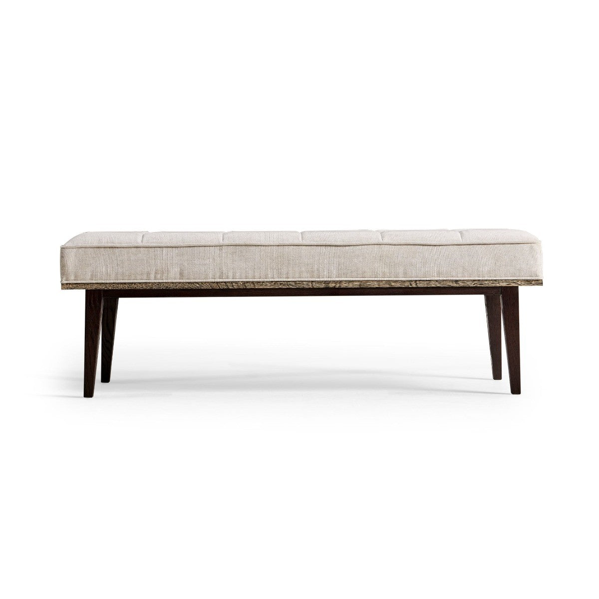 Jonathan Charles geometric upholstered bench in light beige Arlan Moon fabric with six tufted panels and dark stained tapered wood legs