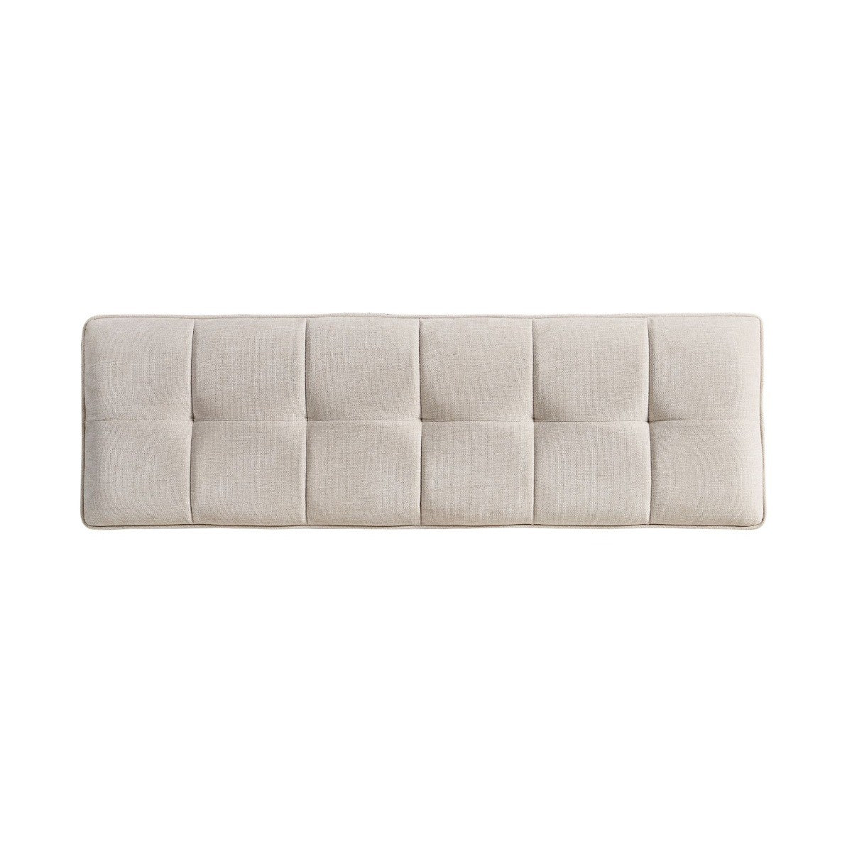Top-down detail of Jonathan Charles bench seat cushion showing six-panel tufted pattern in cream woven textile with precise stitching