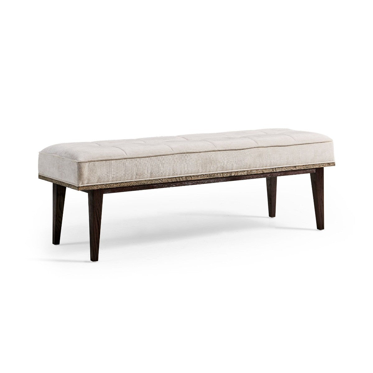 Three-quarter view of Jonathan Charles modern geometric bench featuring deep off-white linen-textured seat and walnut-finished angled wooden base