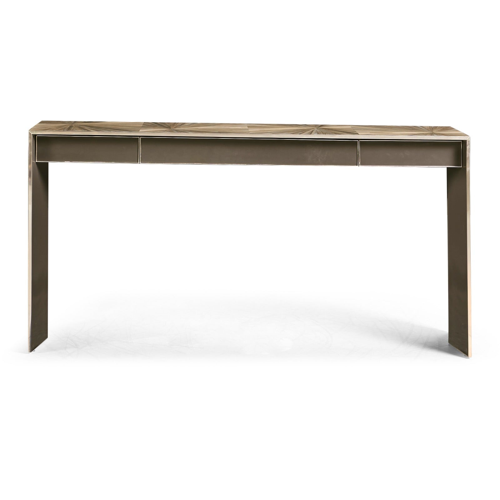Front view of luxury brown wood straw marquetry console table with flush dark gray drawers