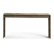 Front view of luxury brown wood straw marquetry console table with flush dark gray drawers
