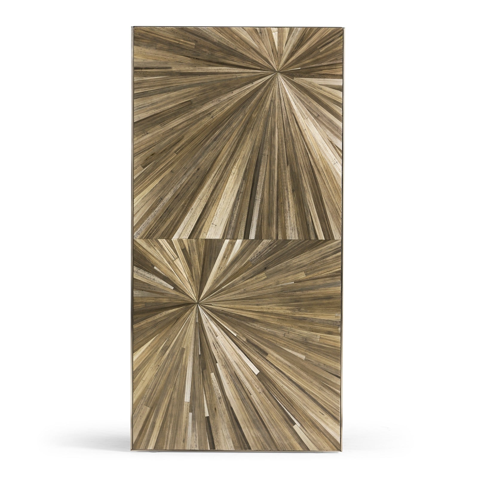 Detail shot of symmetrical radial starburst straw marquetry panel on Jonathan Charles console table