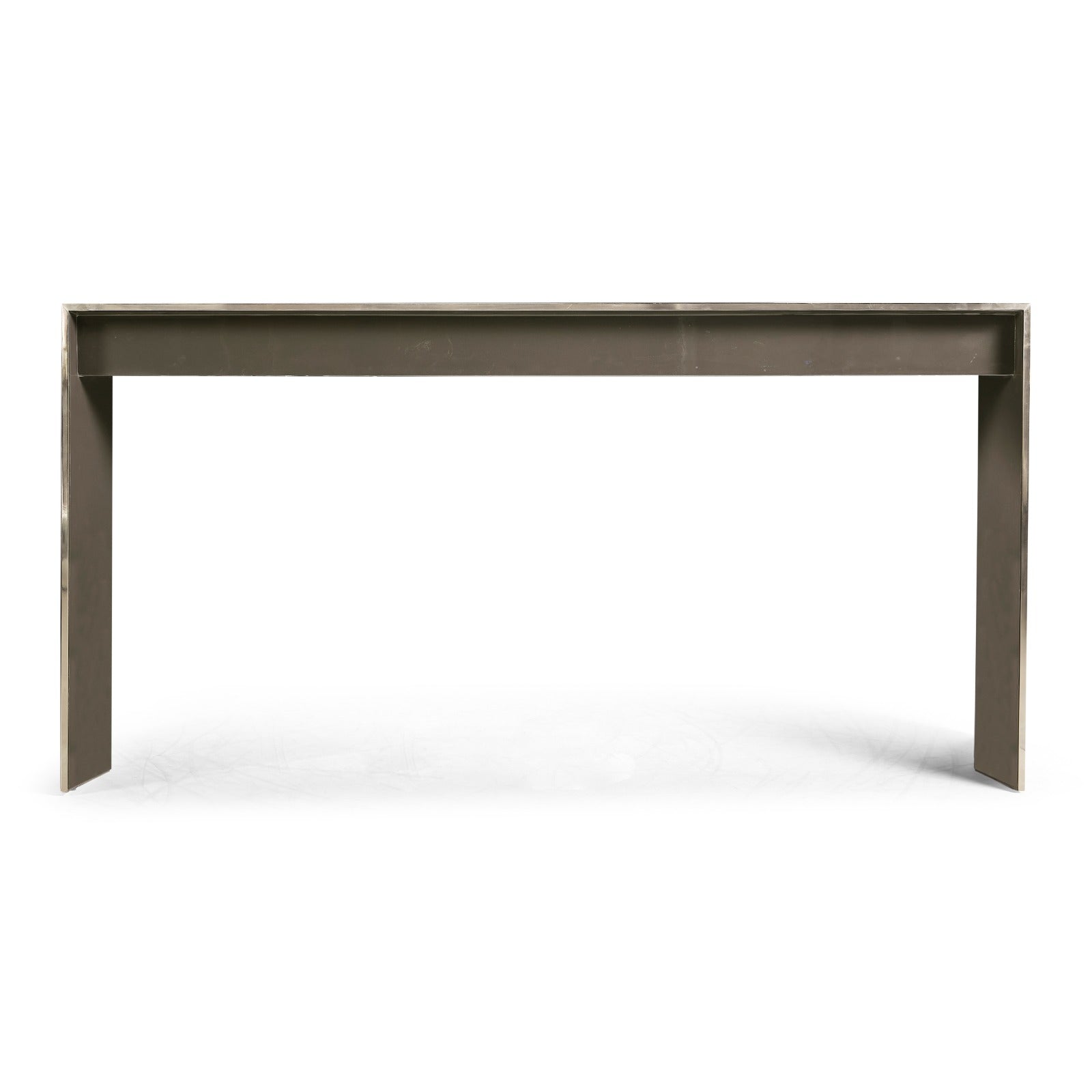 Rear view of Jonathan Charles terra console table base showing angular cutout legs and metallic trim