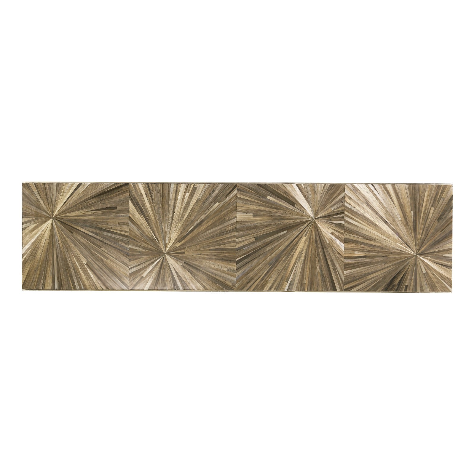 Close-up of Jonathan Charles Terra waterfall console table top with natural brown straw marquetry sunburst pattern