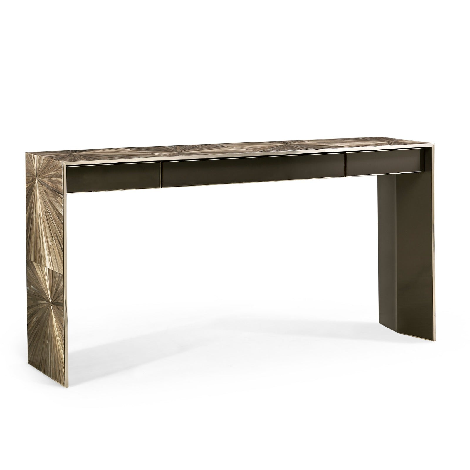 Side angle of Jonathan Charles waterfall console highlighting contrasting sunburst marquetry and matte drawer fronts