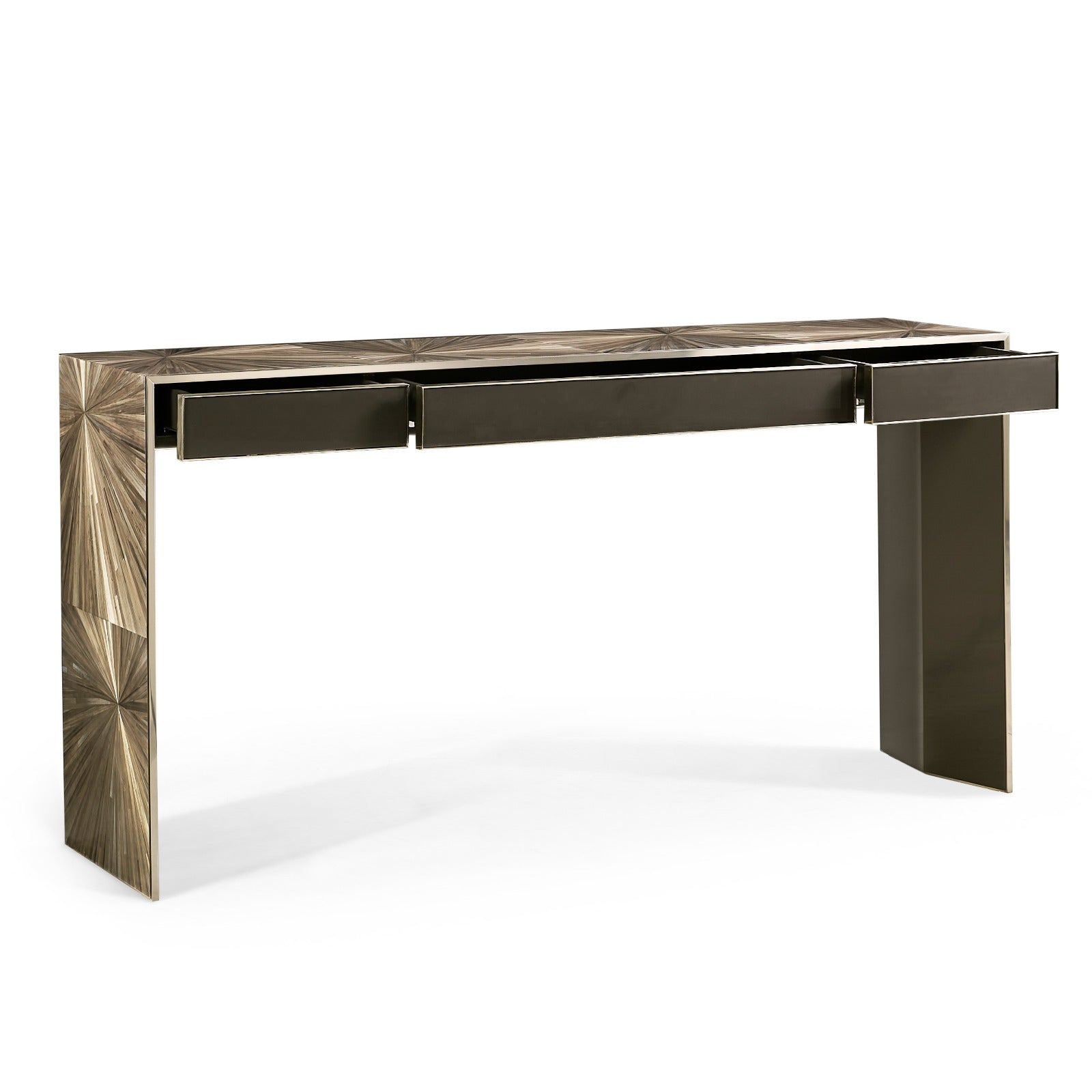 Jonathan Charles Terra waterfall console table with matte black drawers and tapered metallic legs
