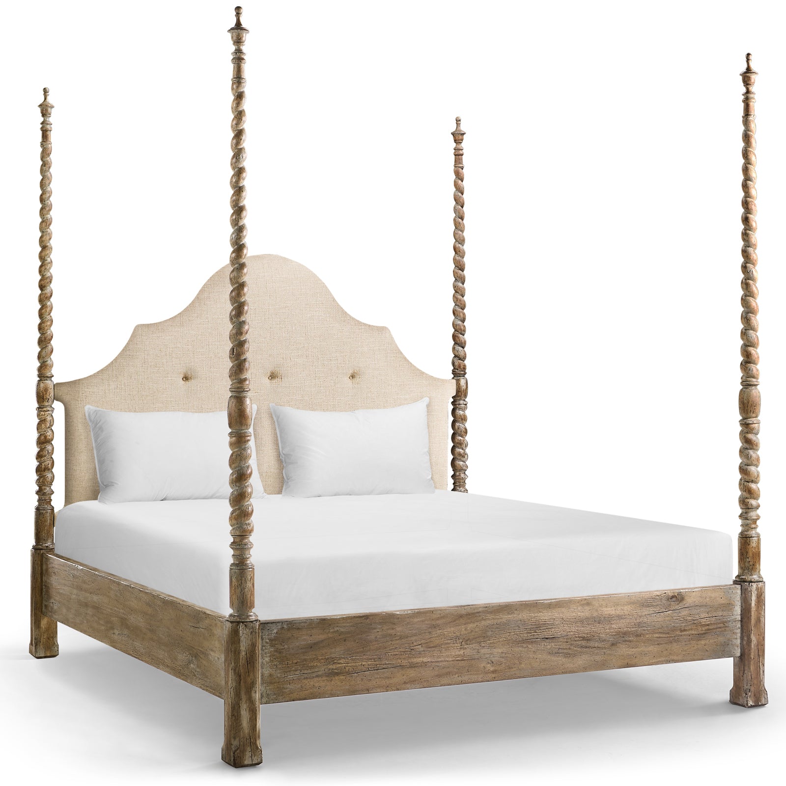Jonathan Charles Caldera UK Super King four-poster bed with twisted acacia wood posts and arched beige upholstered headboard