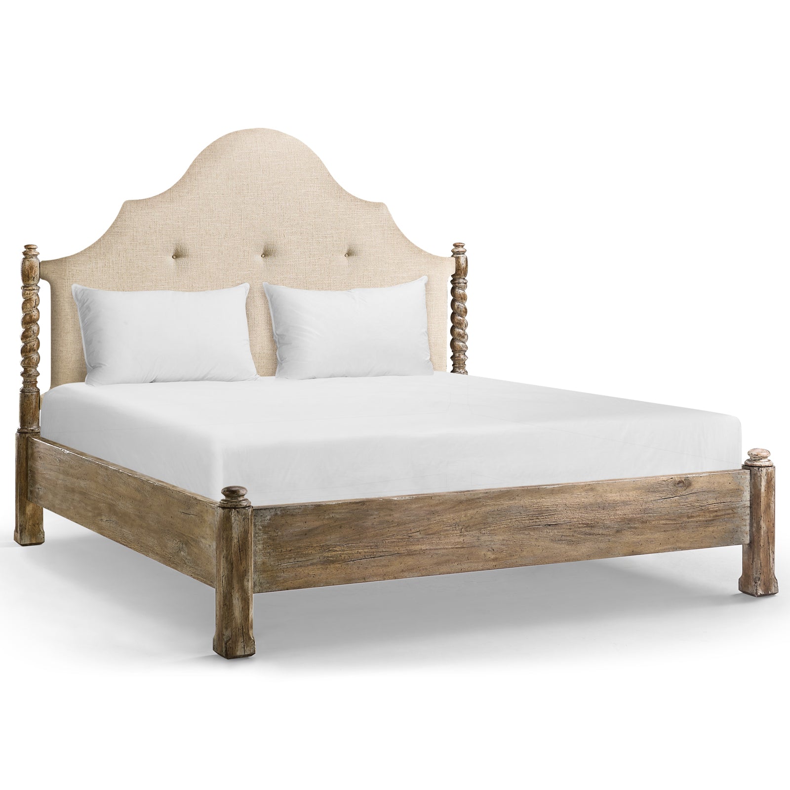 Front view of Jonathan Charles Caldera super king bed featuring button-tufted beige linen headboard and distressed acacia wood frame