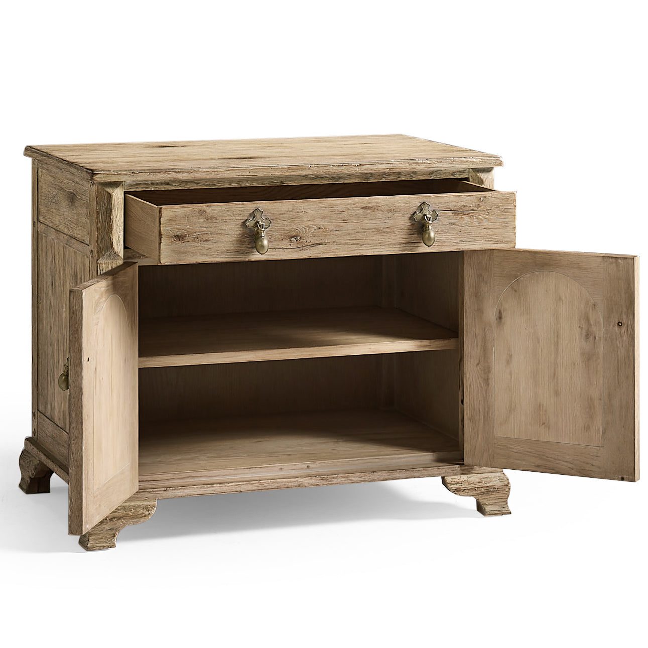 Three-quarter view of Sagehill oak nightstand with open drawer and doors showing brass hardware and shelving