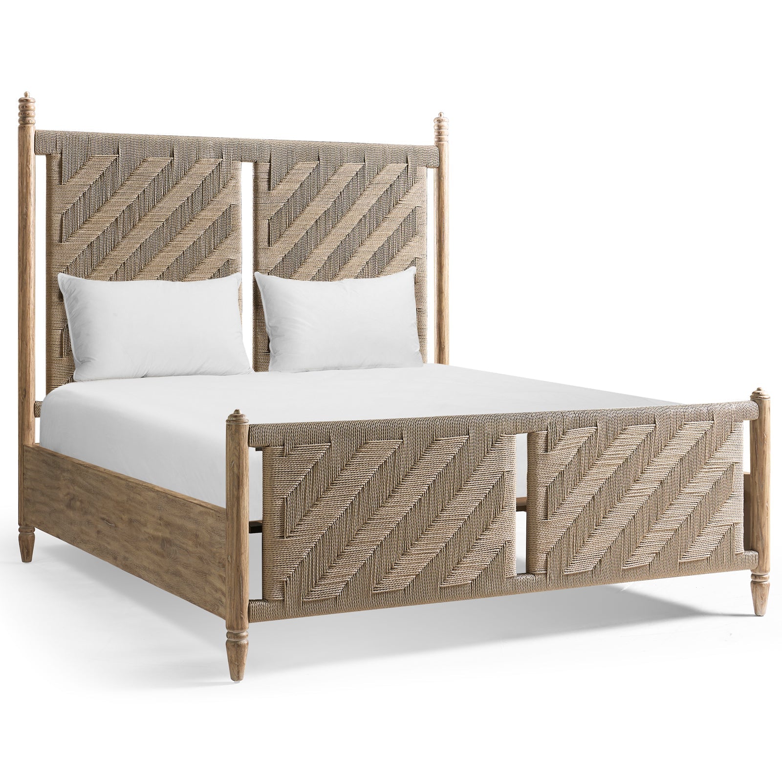 Front view of Jonathan Charles Sagehill UK King Size Bed with light oak wood frame and rush woven headboard