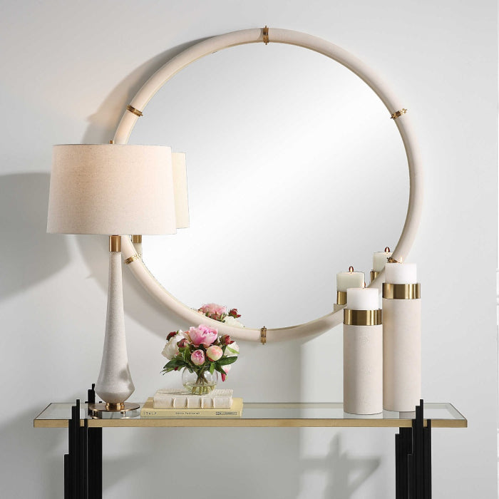 Uttermost Cyprus Round Mirror in White Faux Shagreen