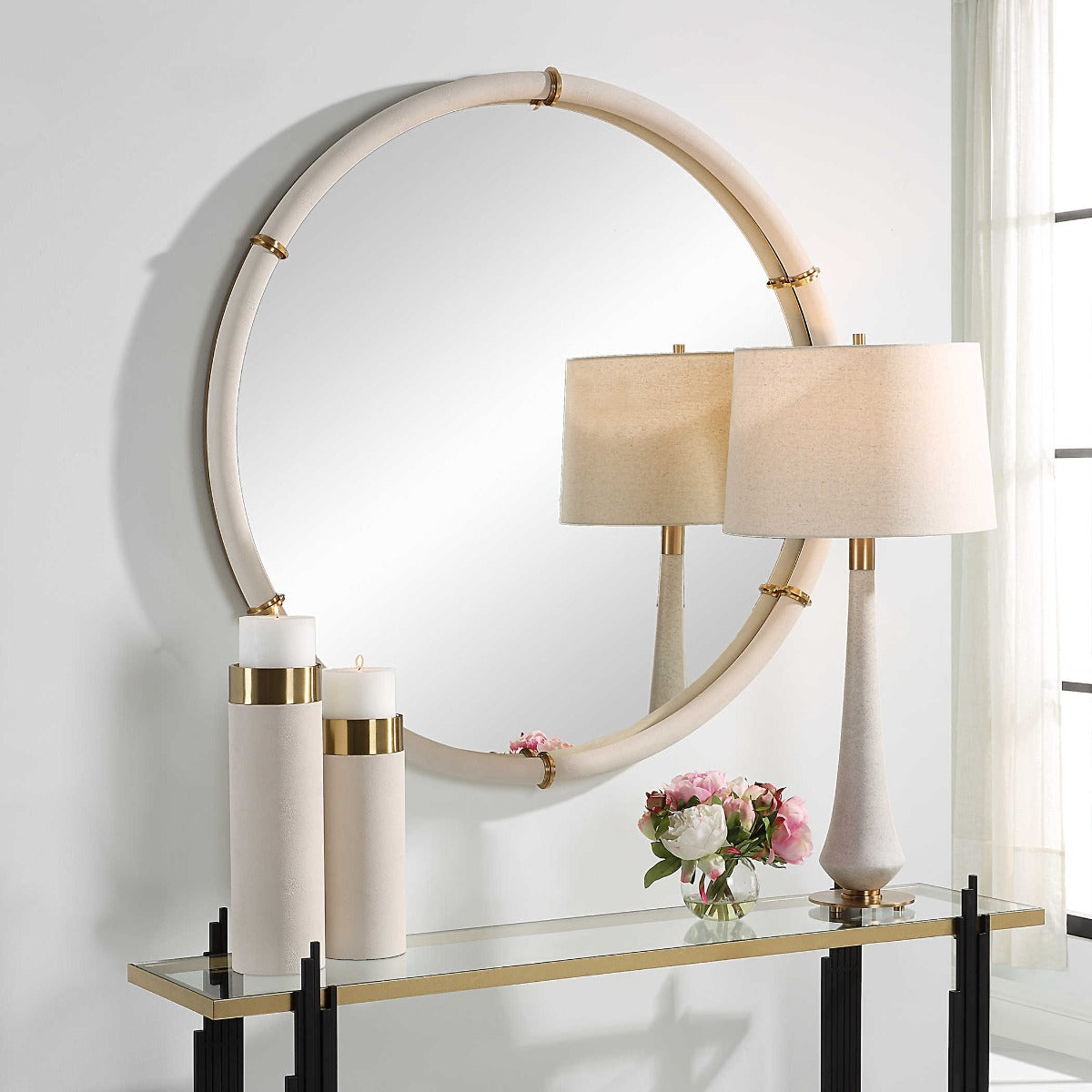 Uttermost Cyprus Round Mirror in White Faux Shagreen