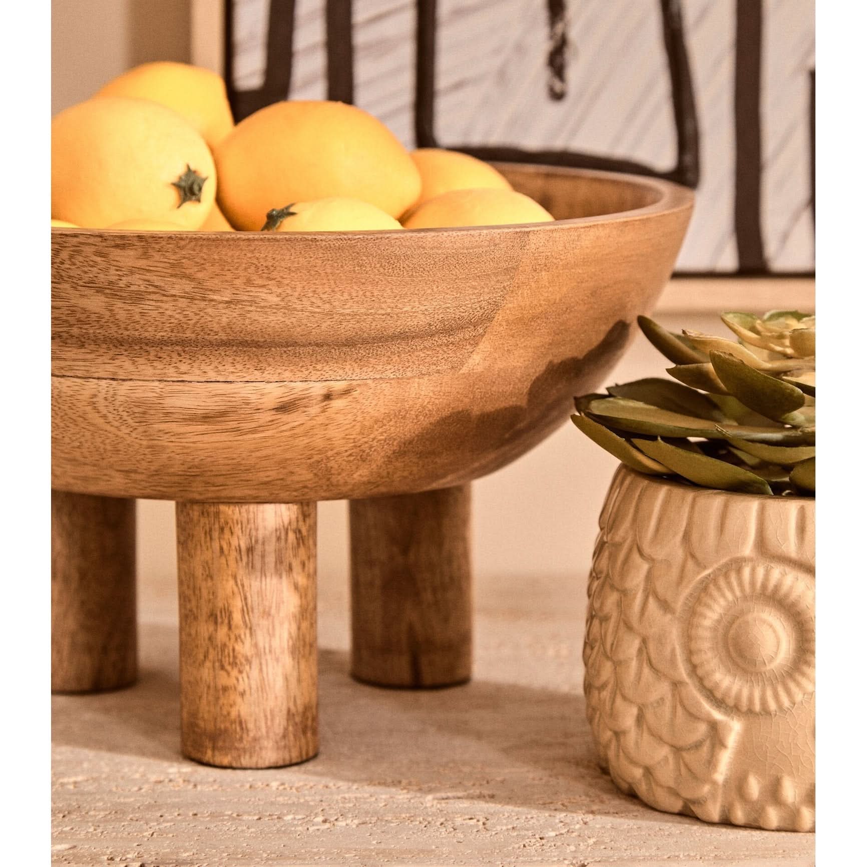 Kara Mango Wood Serving or Fruit Bowl with Footed Base   Nicholas John Interiors