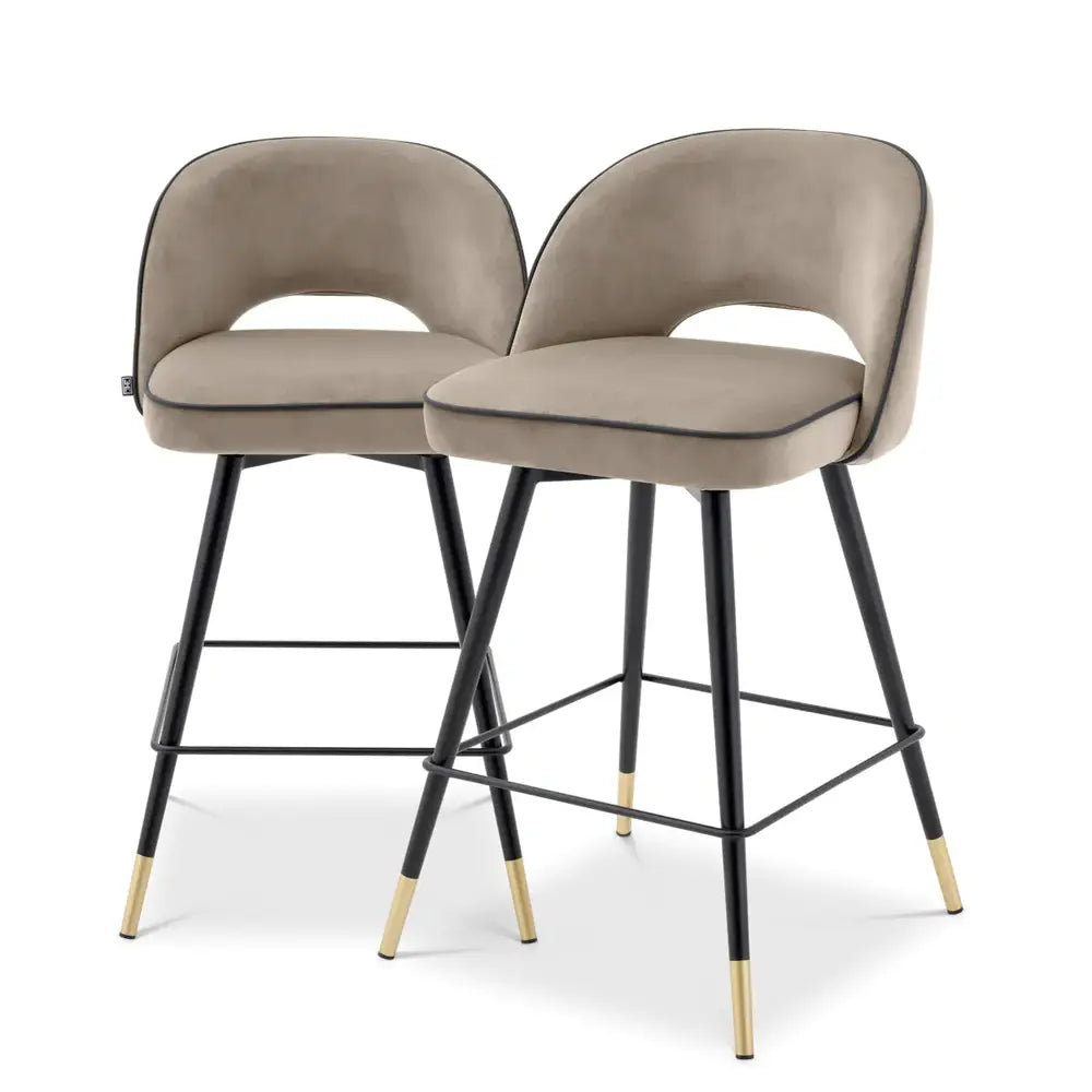 Eichholtz Cliff Set of 2 Counter Swivel Stool in Greige Velvet - CLEARANCE - BRAND NEW BOXED
