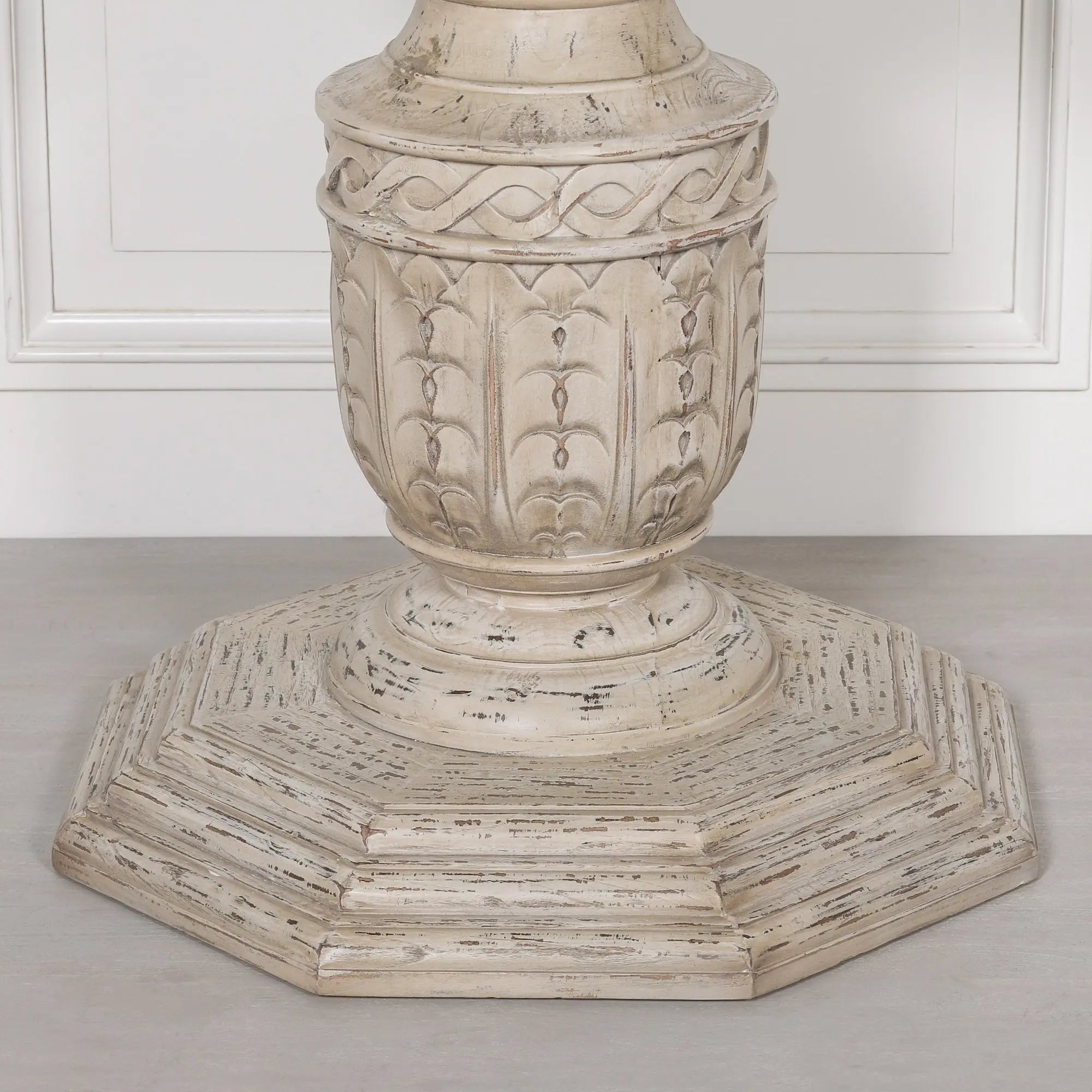 145cm Heavy Distressed Round Dining Table in White Cedar Wood   Nicholas John Interiors