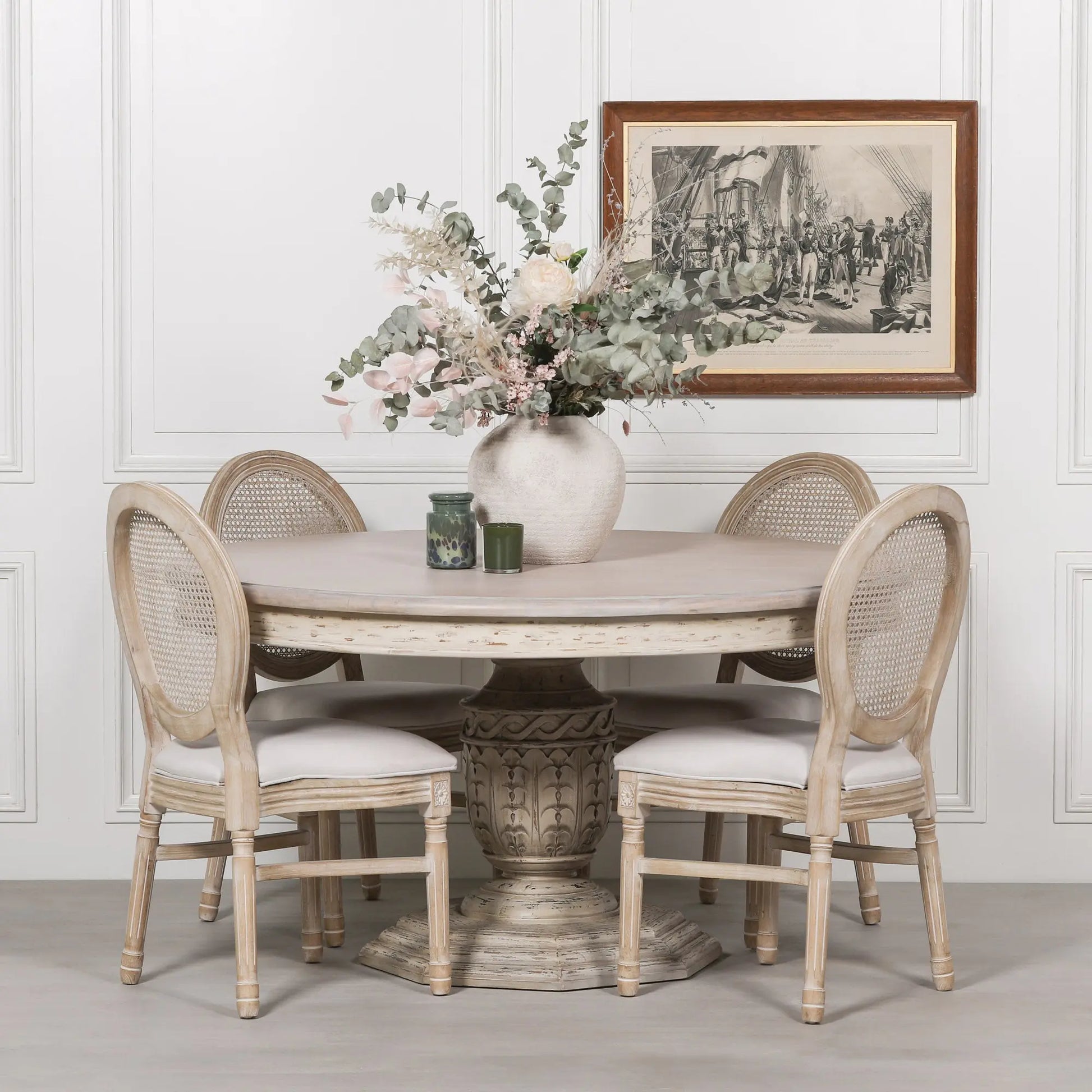 145cm Heavy Distressed Round Dining Table in White Cedar Wood   Nicholas John Interiors