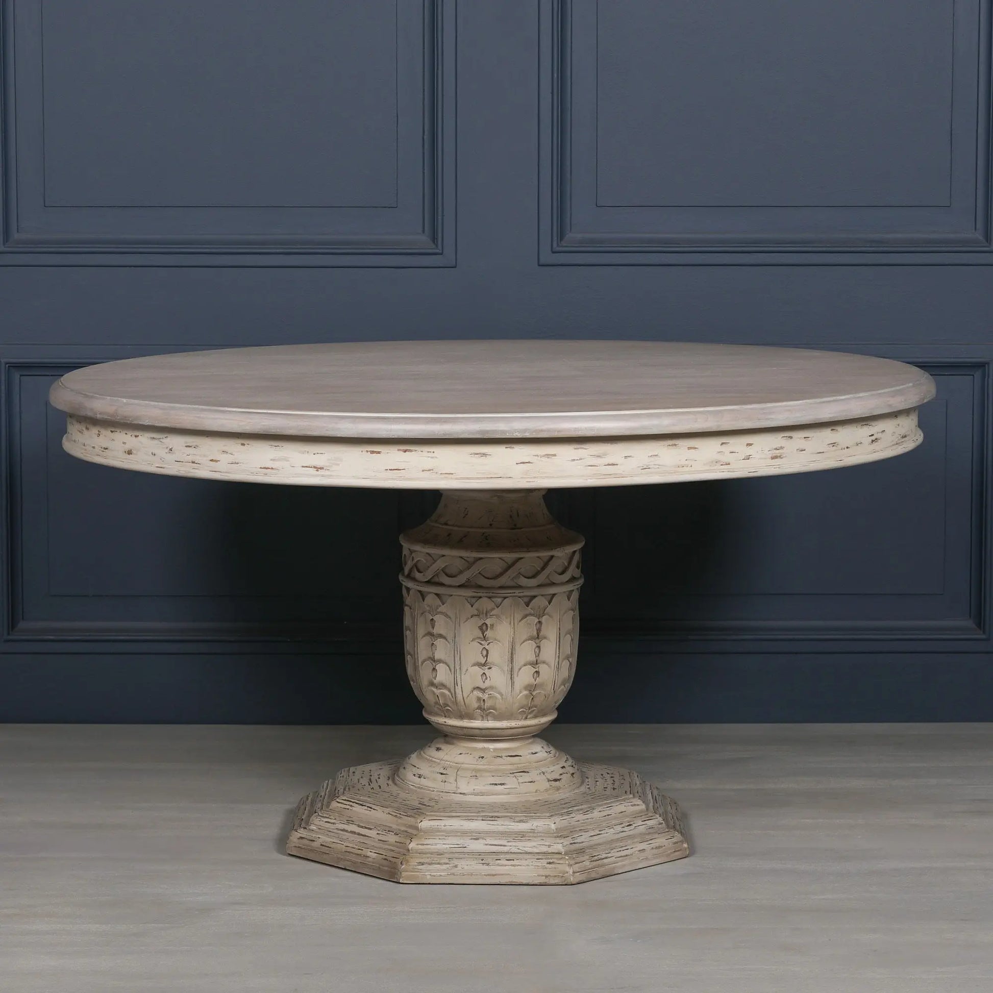 145cm Heavy Distressed Round Dining Table in White Cedar Wood   Nicholas John Interiors